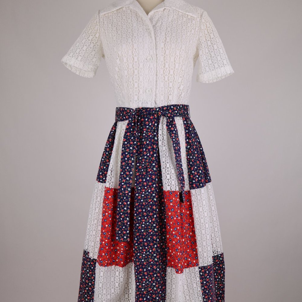 Vintage Patchwork Quilt Maxi Boho Hippie White Eyelet Cottage Core Prairie Dress